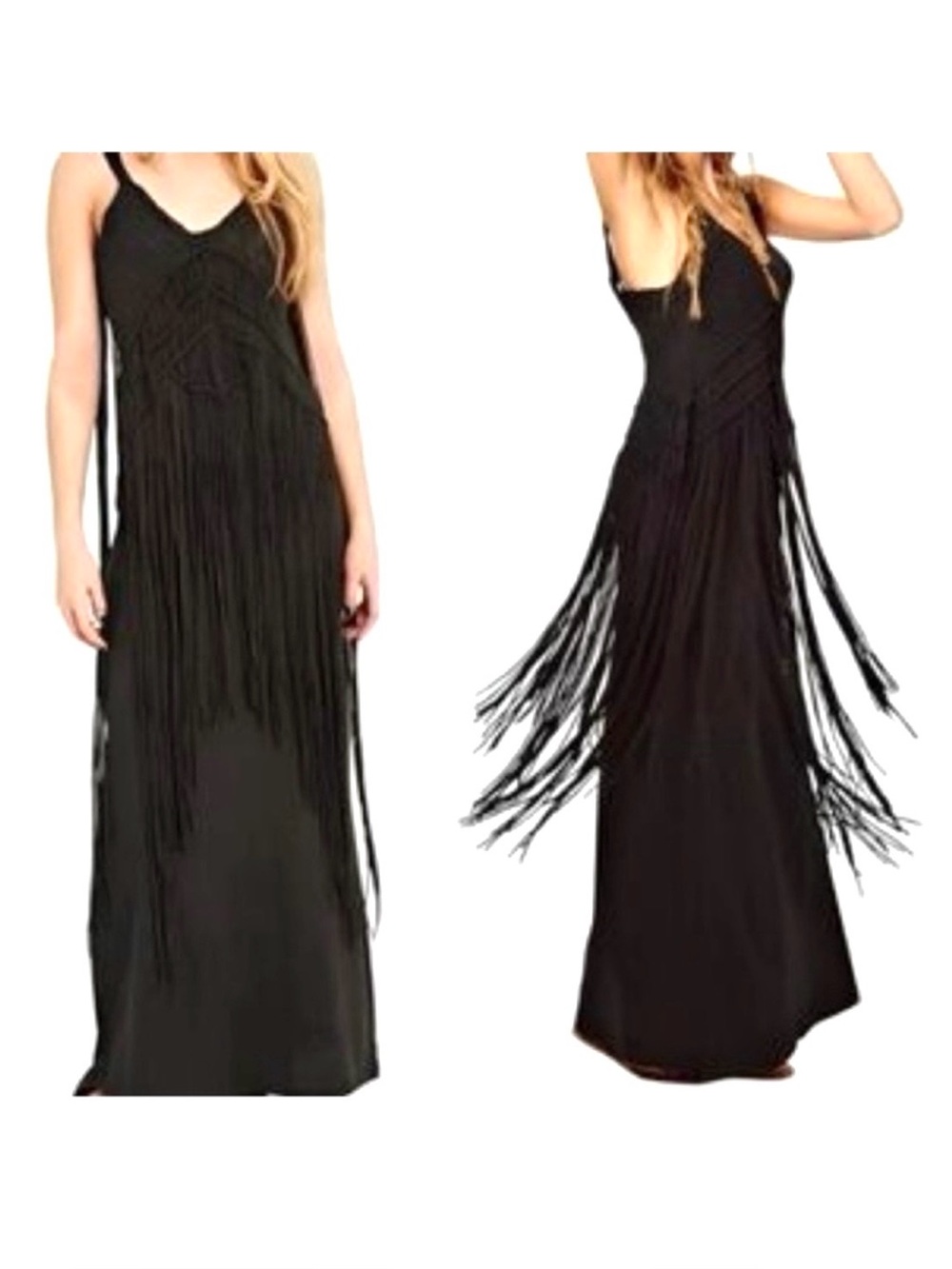 RALPH LAUREN DENIM & SUPPLY BLACK CROCHET OVERLAY LONG FRINGE BOHO MAXI DRESS M